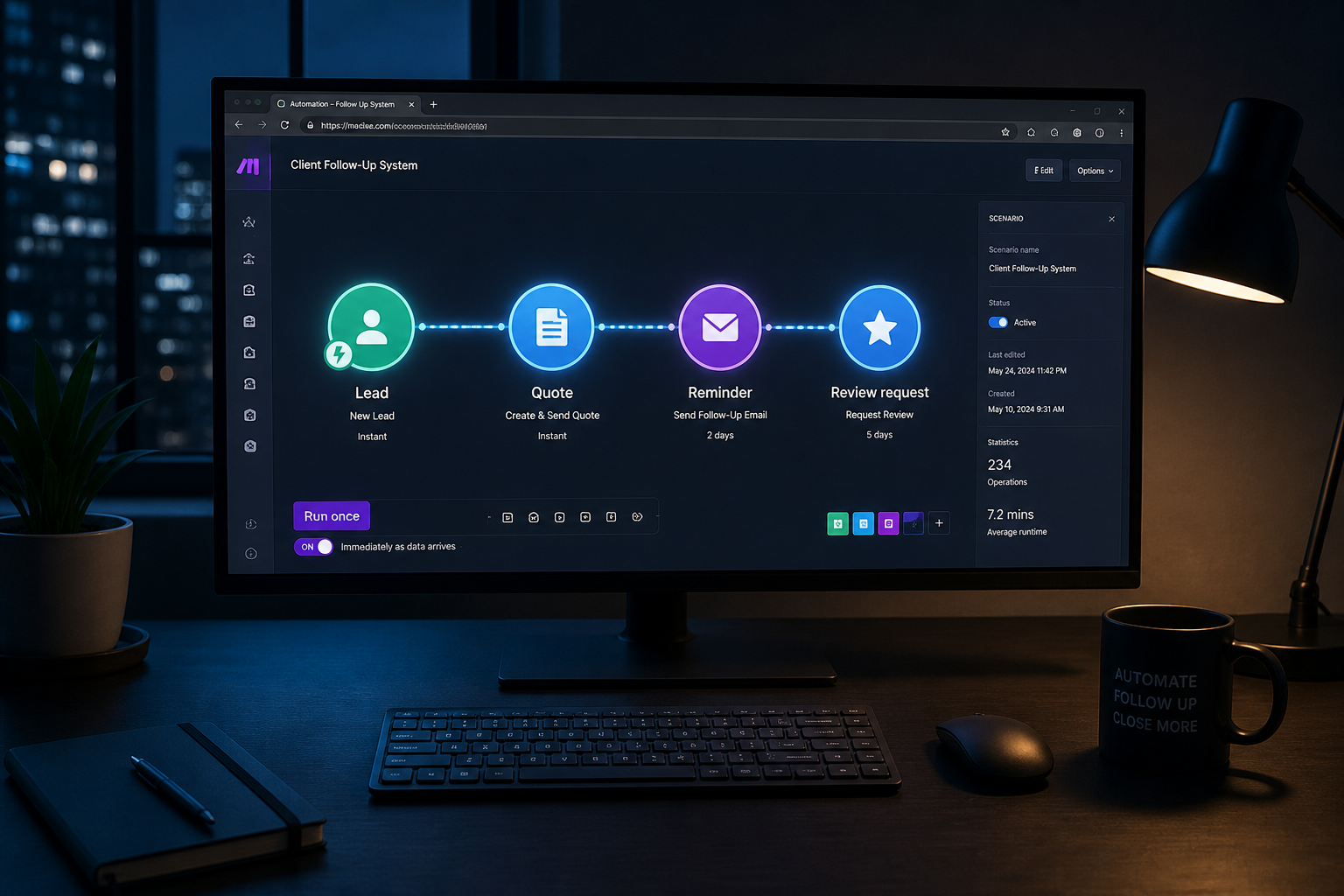 Automation workflow from lead to quote, reminder, and review request