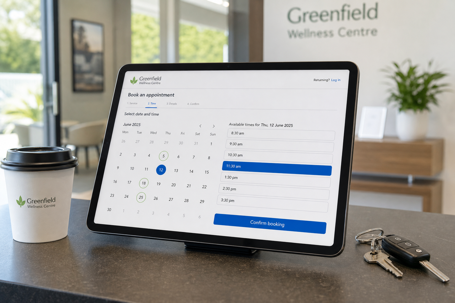 Tablet showing an online booking calendar with time slots