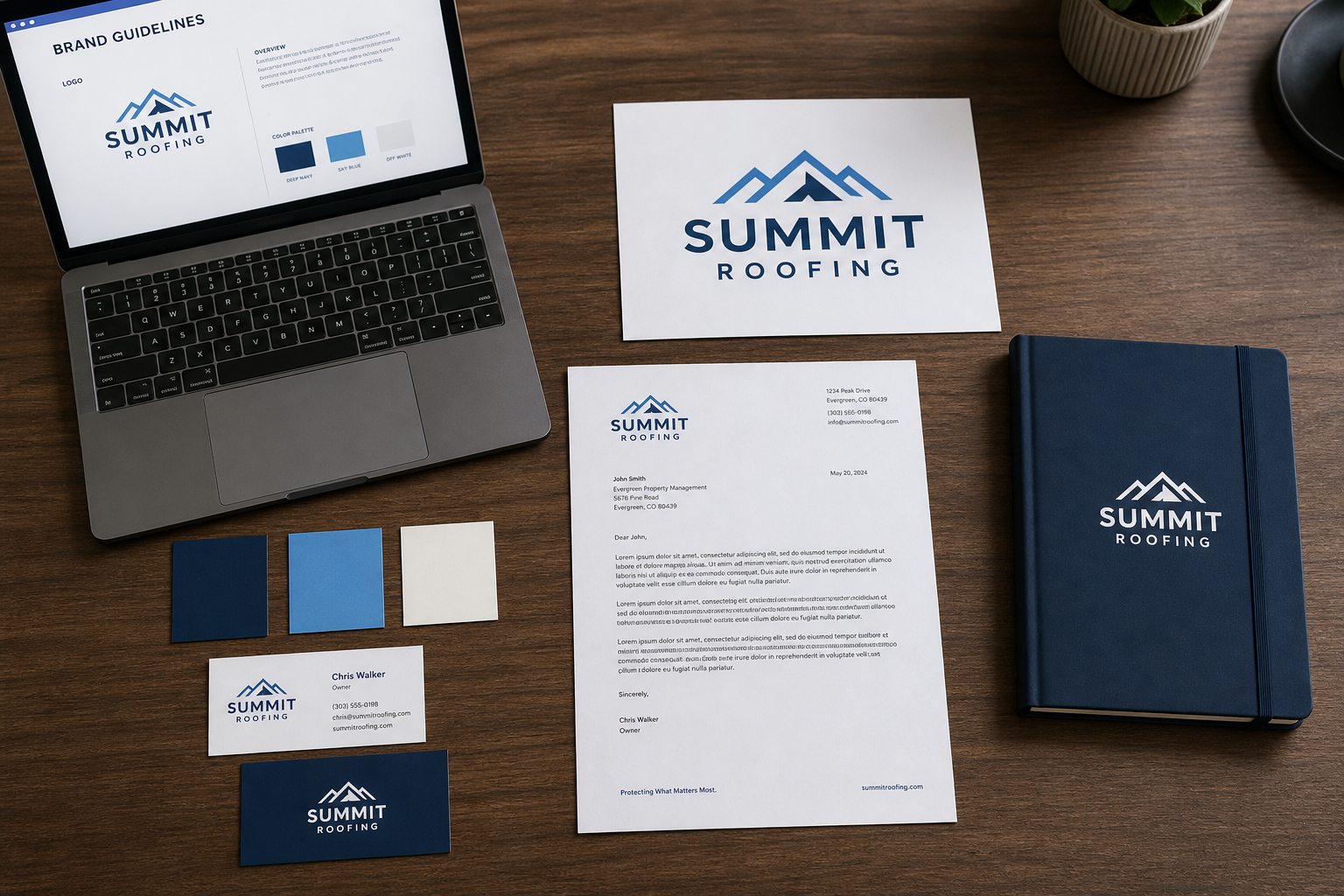 Brand kit with logo, color swatches, and business cards
