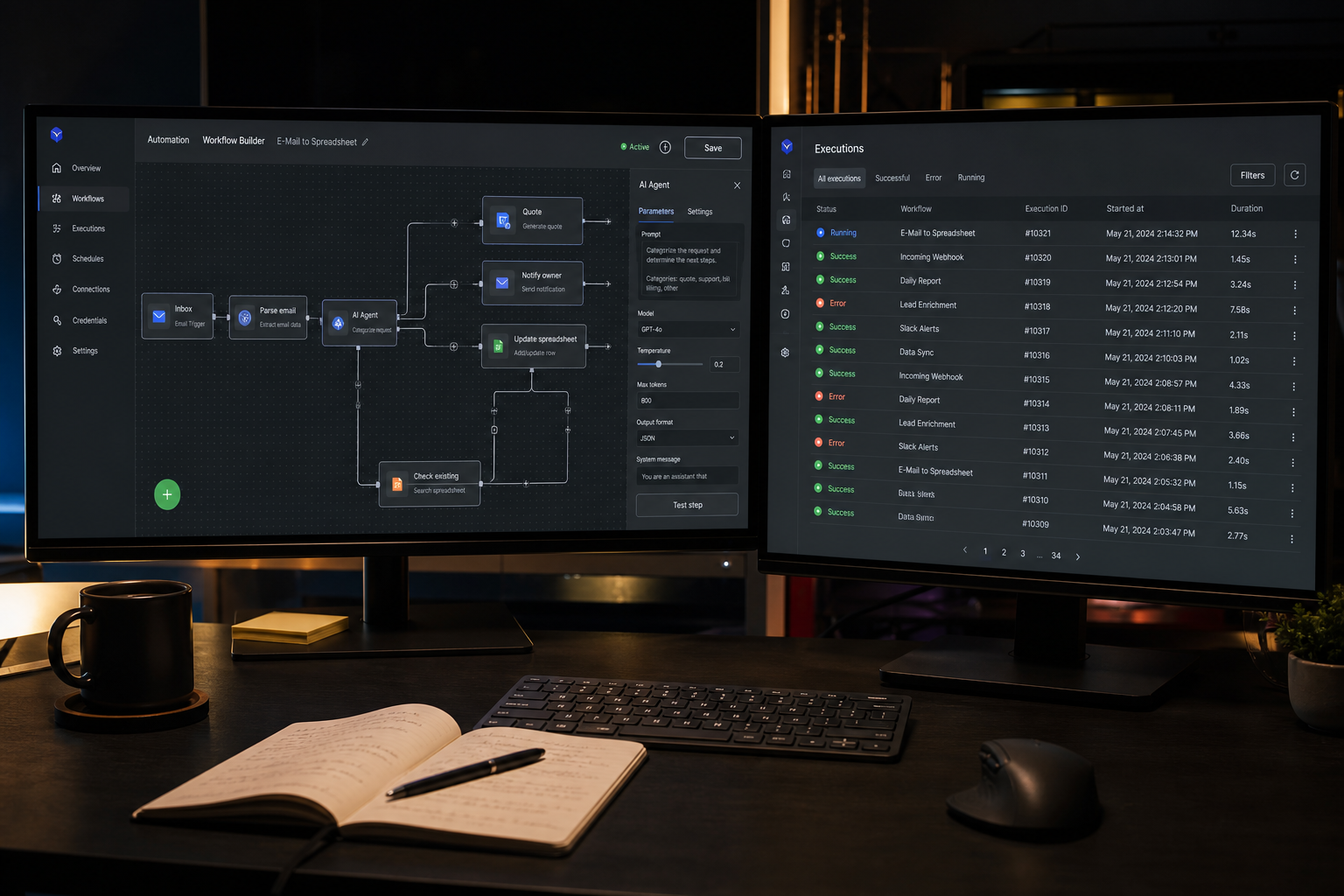 Custom automation builder with branching workflows on dual monitors
