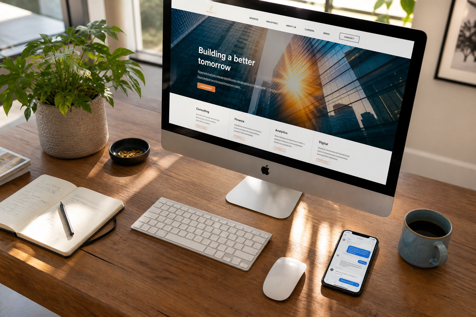 GetWebNow studio desk with a website and booking on screen