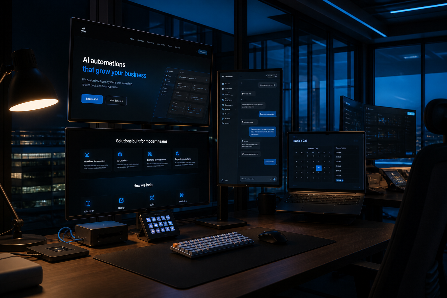 Studio screens showing websites, chat, and booking systems