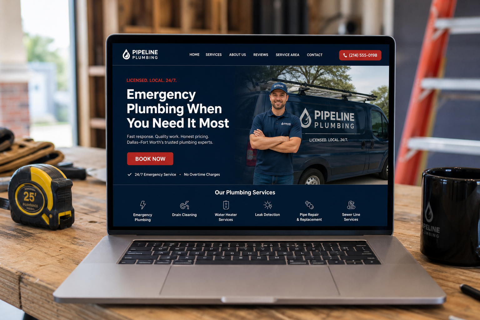 Laptop showing a plumbing company website with a Book Now button
